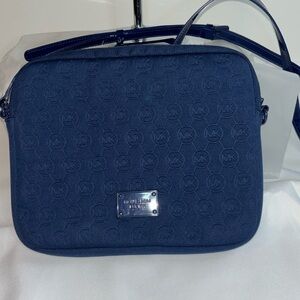 Michael Kors Signature Embossed Neoprene Padded Tablet Crossbody Bag Navy